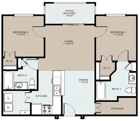 Floor plan for 2 beds, 2 baths, 983 sqft